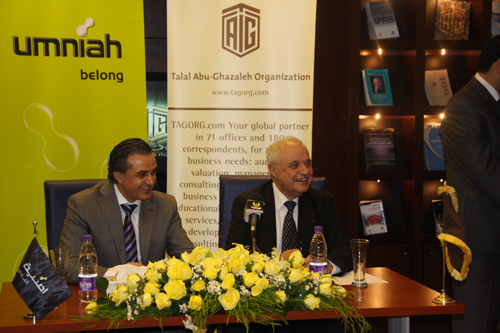 Mr. Talal Abu-Ghazaleh, Chairman and CEO of Talal Abu-Ghazaleh Organization and Mr. Ihab Hinnawi, CEO of Umniah during a press conference held at the signing ceremony of a partnership agreement between Talal Abu-Ghazaleh Knowledge Society and Umniah- April 19, 2010